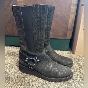 Donald J Pliner Hardy Brown embossed croc leather Moto boots